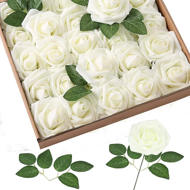 Homcomodar Artificial Flowers Cream Rose 30Pcs Real Looking Fake Roses with Stem for Wedding DIY Bouquets Centerpieces Arrangement Party Home Décor