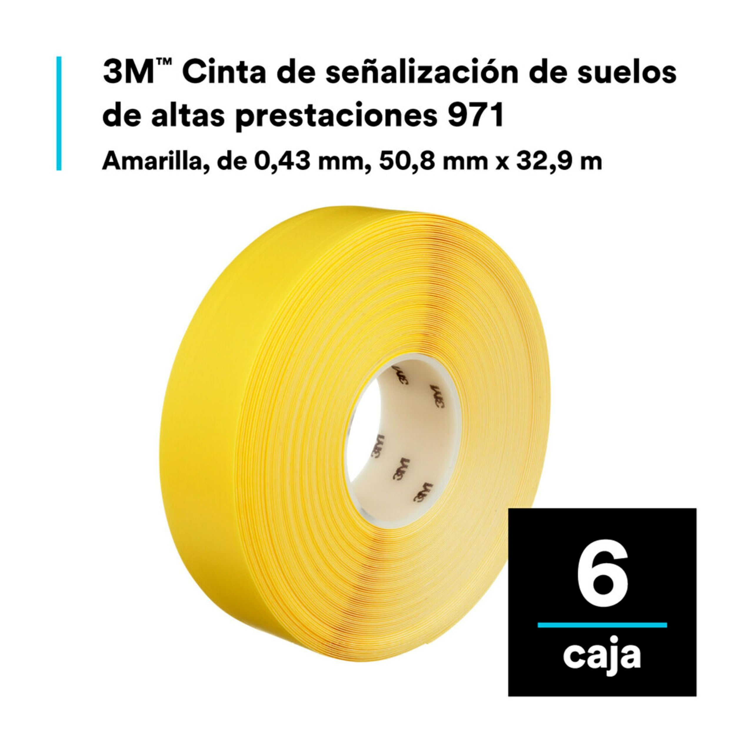 3M Cinta Duradera para Marcar Pisos 971, Amarillo, 50.8 mm x 33 m, 0.43 mm, envueltas individualmente y convenientemente empaquetadas
