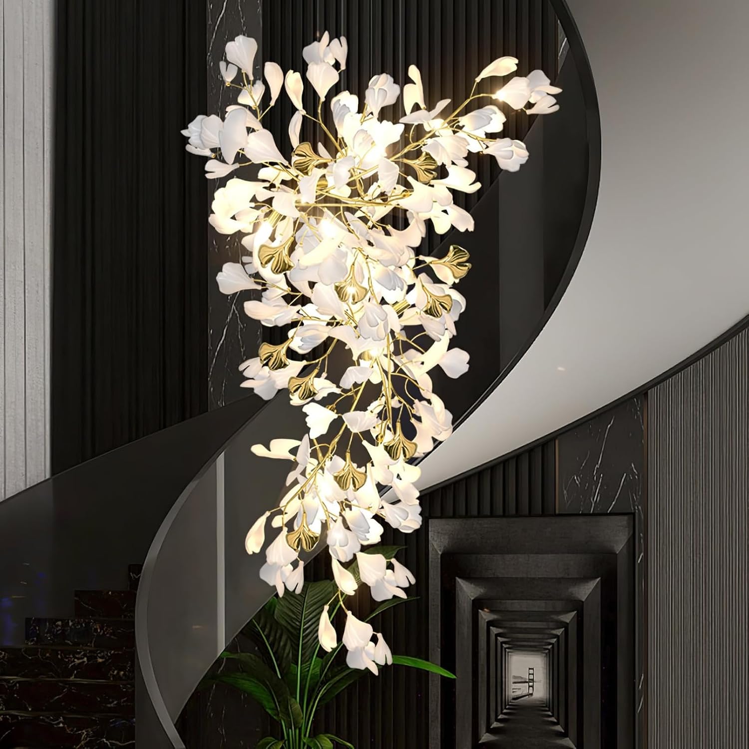 RUIBO Modern Acrylic Ginkgo Leaf Staircase Chandelier,Gold Tree Branch Chandeliers,for High Ceiling Loft Stairway Living Dining Room,White Acrylic Leaves Chandelier(L47.2 H118.1) G9*32