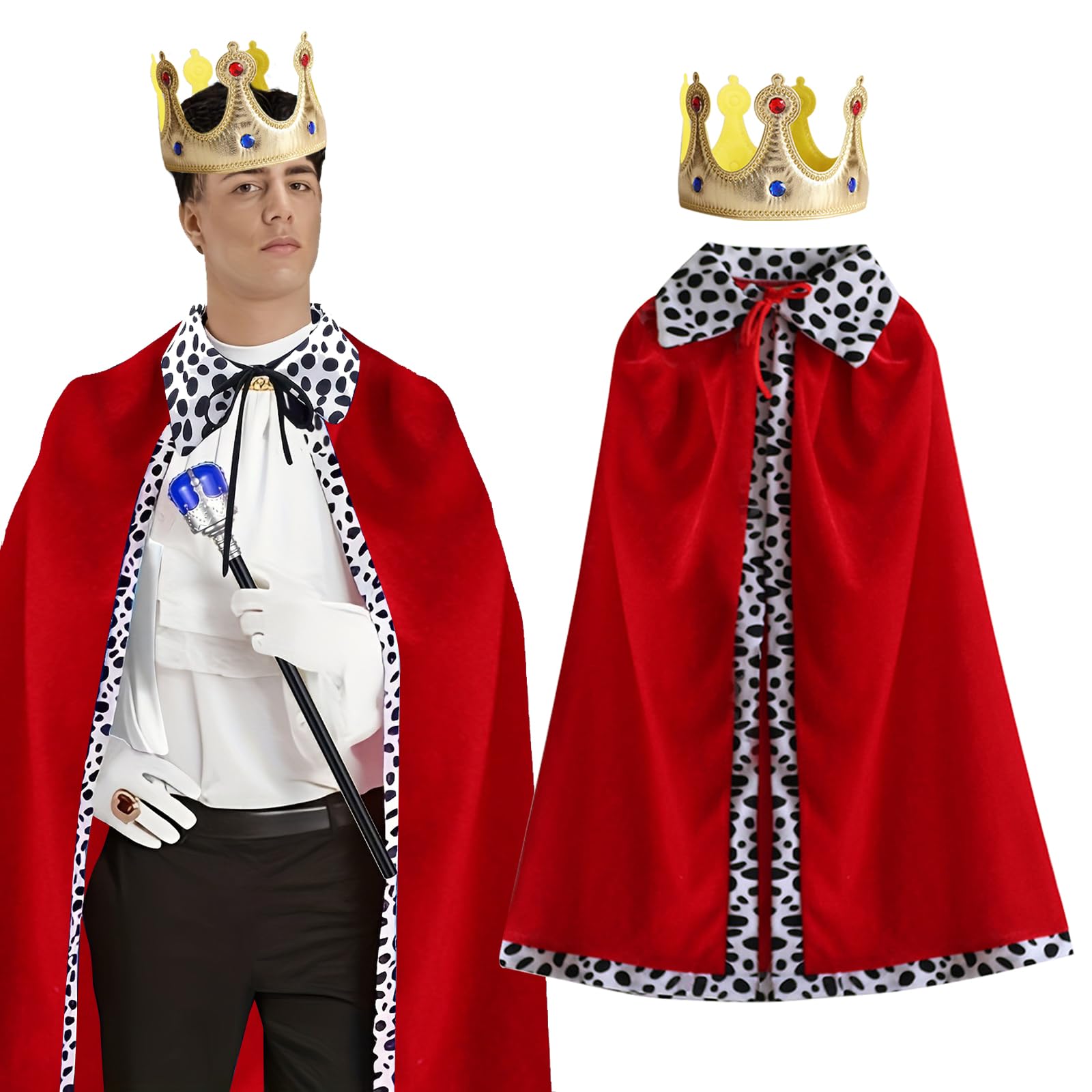 TYXHXTF Disfraz Rey Adultos, Capa de Rey y Reina, Capa de Terciopelo con Corona, Bat para Adultos, Disfraz Medieval Adulto, única Roja Adulto con Corona Juego Cosplay Reina para Hallowee