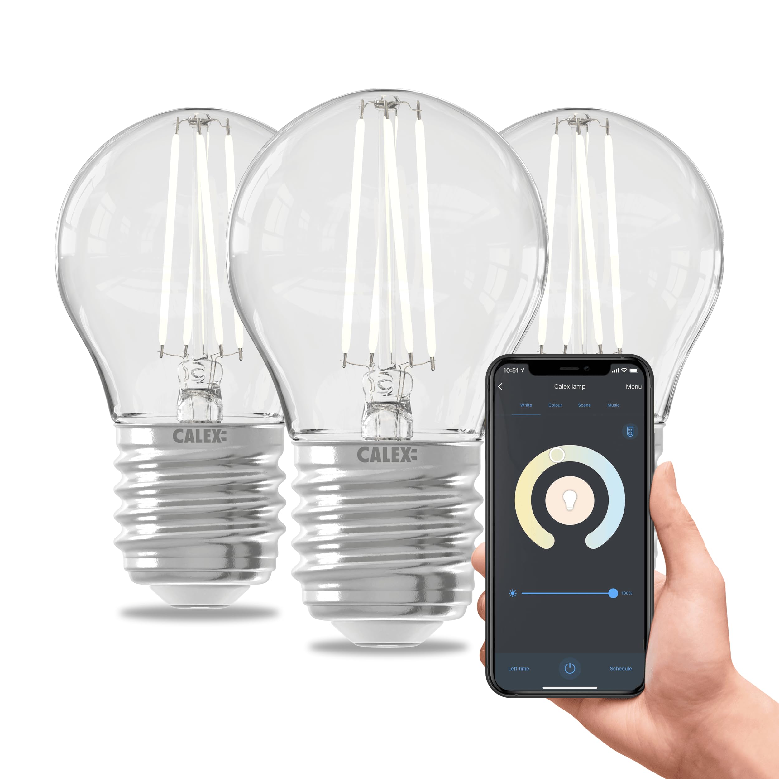 CALEX Smart E27 LED Filament Bulb, P45, Warm White Light, WiFi App, 3-Pack