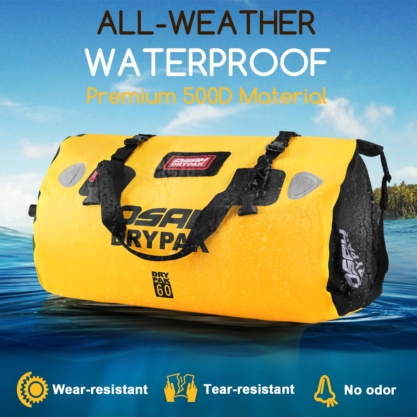 OSAH DRYPAK Bolso de Lona Impermeable - Bolsa Trasera estanca para Moto con Gran Espacio, Equipaje Impermeable con Bolsillo Exterior de Malla con Cremallera para Acampada, Kayak, Pesca y Viajes