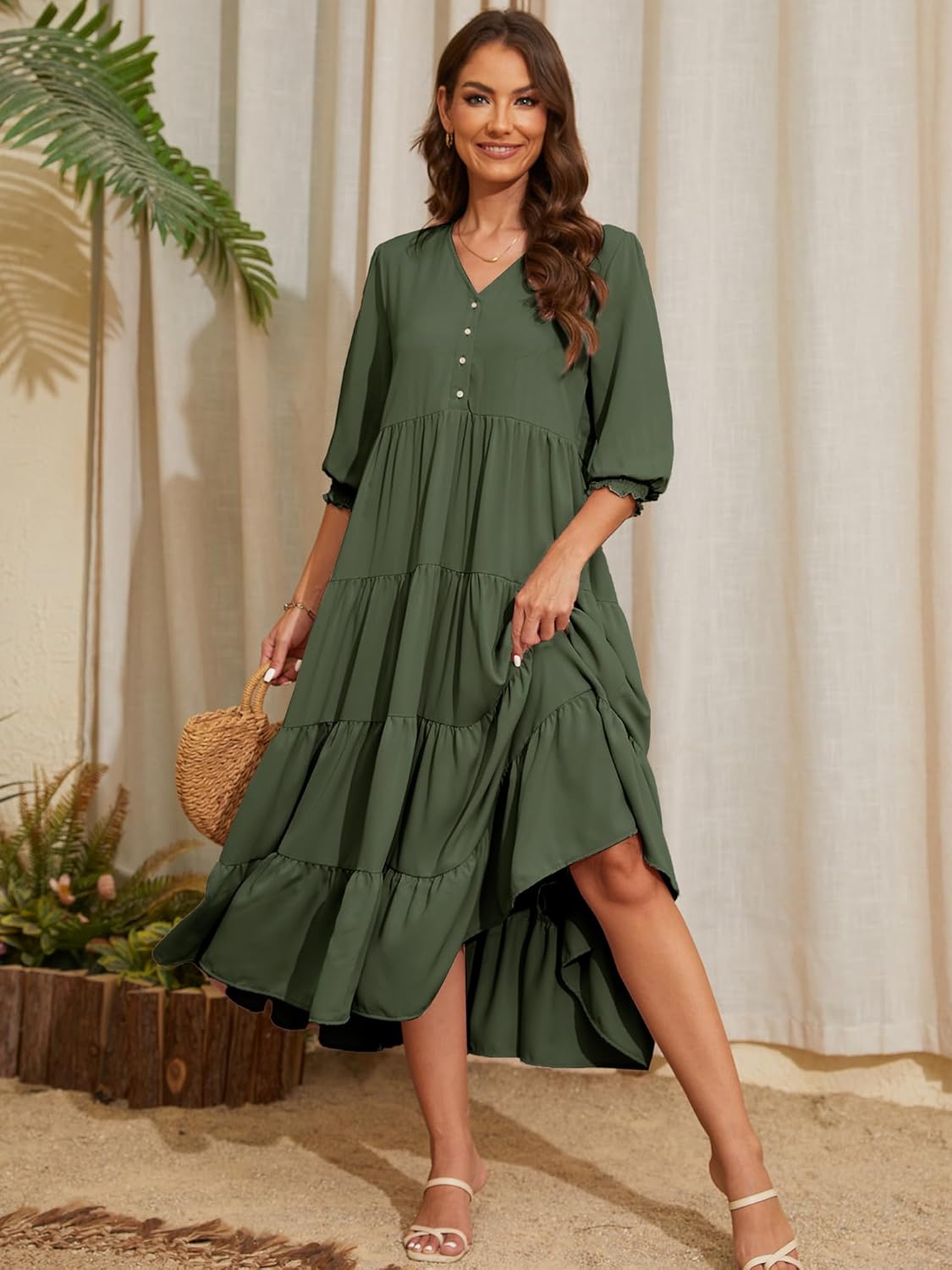 Beautiful Nomad Women's Casual V Neck Boho Dress Puff Sleeve High Waist Floral Smocked Flowy Ruffle Midi Dresses - Image 5