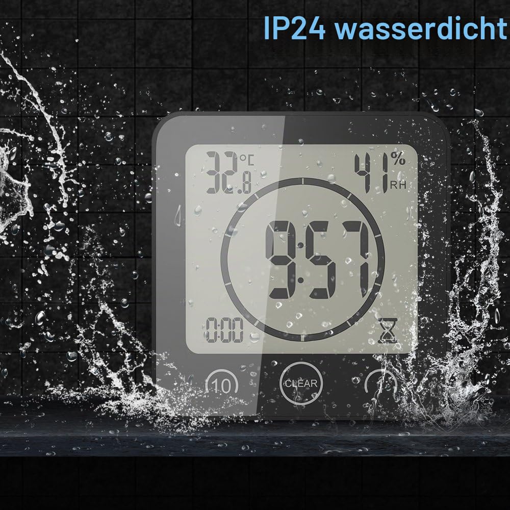 Digitale Duschuhr, LCD, wasserdicht, Digitale Uhr für Badezimmer, mit Saugnapf, Alarm, Luftfeuchtigkeit, Countdown für Dusche, Küche