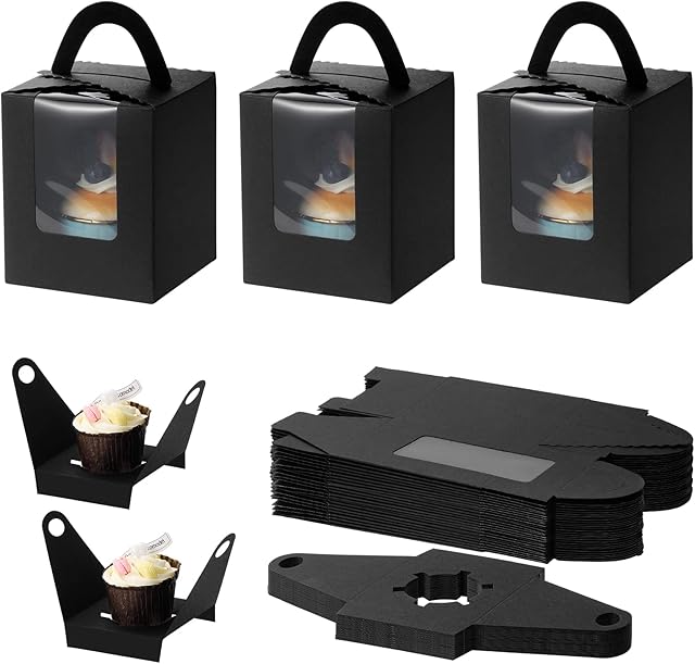 TsunNee 30PCS Individual Cupcake Boxes Cake Boxes with Handles, Paper Bakery Boxes with Window, Single Cupcake Carrier, Pastry Boxes Treat Boxes for Christmas Baby Shower Wedding Party Favors