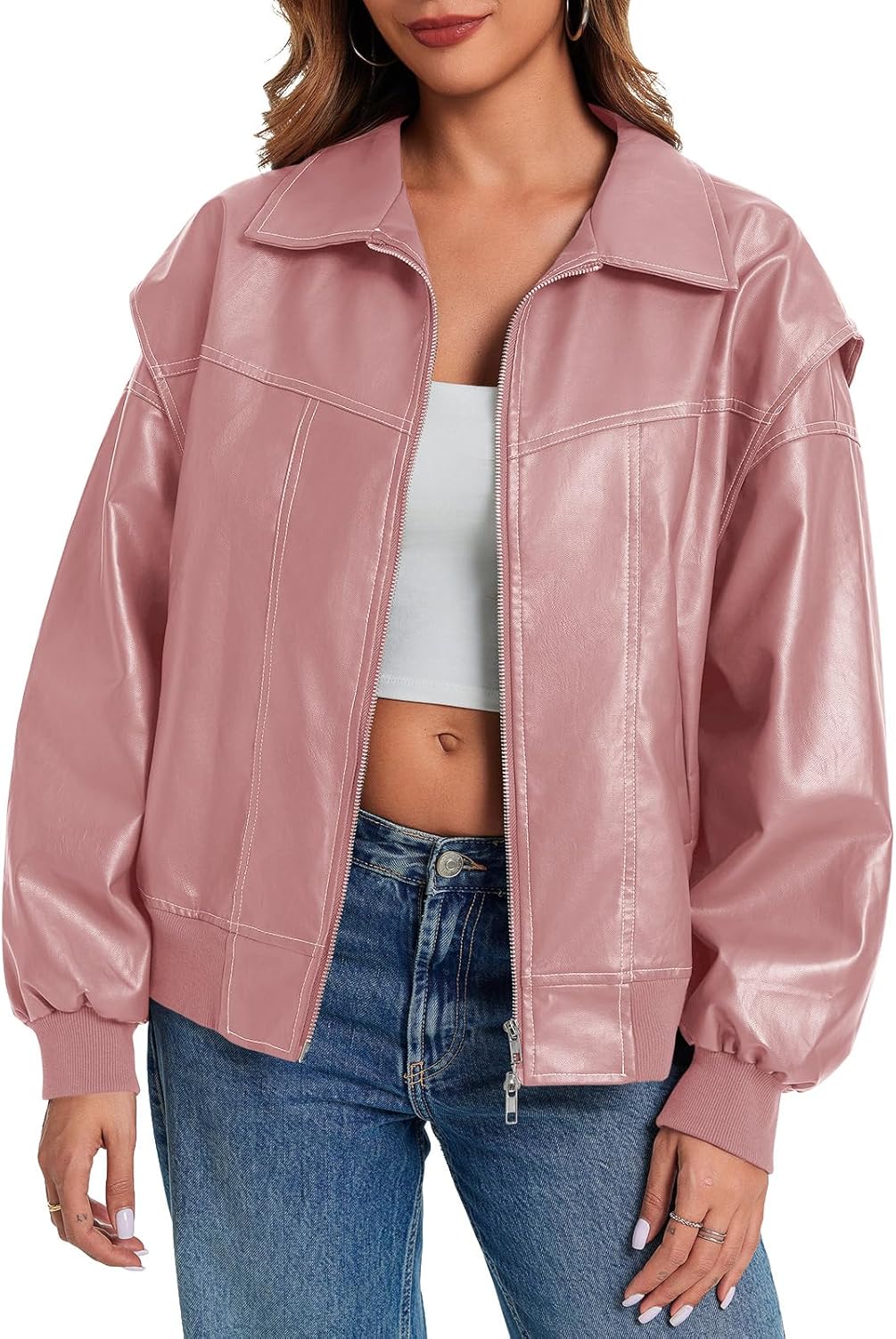 Tankaneo Womens Oversized Leather Bomber Jackets Cap Sleeve Zip Up Motorcycle Coats with Pockets - Image 3