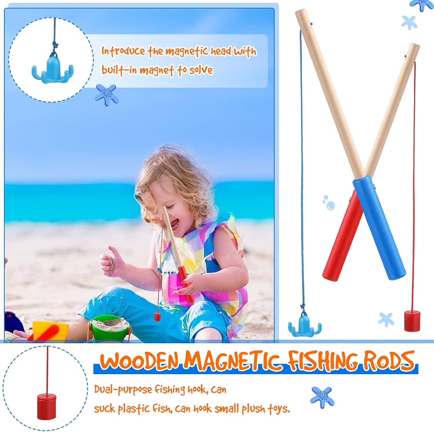 Sumind 6 Pcs Magnetic Fishing Pole Wooden Magnetic Fishing Rods with Magnet Hooks Christmas Game Toy Gifts for Birthday Party(Red, Blue,Column, Hook)