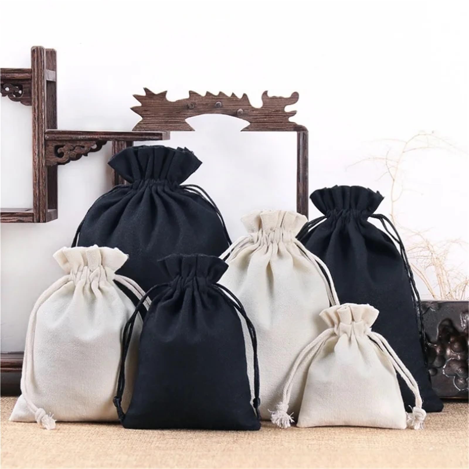 Sac À Cordon En Coton Sacs en toile de coton blanc/noir, 50 pièces, sacs à cordon de serrage, emballage de bijoux et bonbons, pochettes de rangement(Beige,12x15cm)