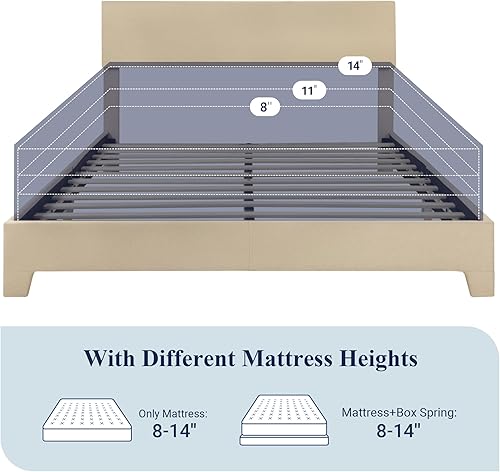 Miniatura 5 de Allewie Base de cama tamaño matrimonial con cabecera ajustable, cama tapizada con plataforma y listones de madera, base de colchón resistente, no