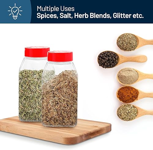 Miniatura 4 de RoyalHouse Paquete de 6 tarros de plástico para especias de 32 onzas con tapa roja, recipientes de plástico transparente y seguro con tapas