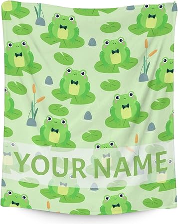 Personalized Frog Blanket Gifts with Name - 40x50 Inches Cute Throw for Girls & Boys - Green Soft Fuzzy Blankets for Bed, Couch & Living Room