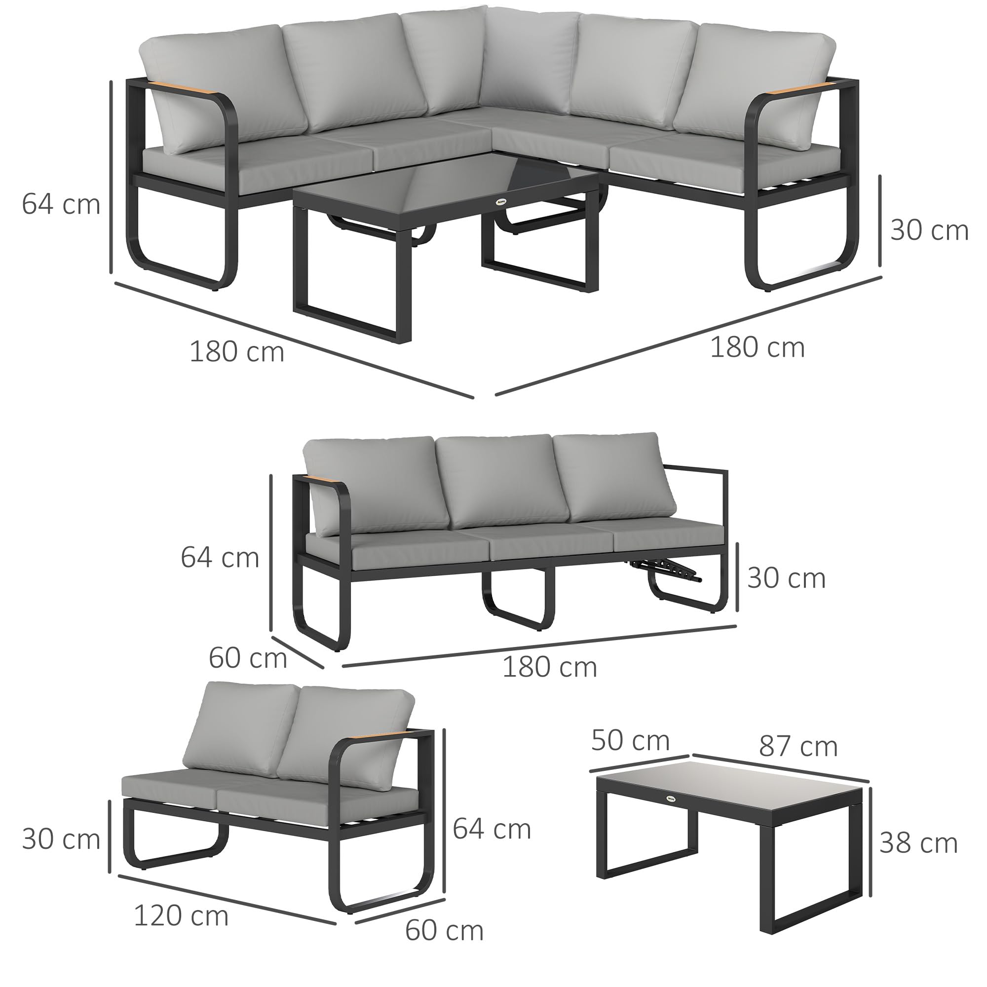 Outsunny Set Salotto da Giardino da 3 Pezzi, con Divanetto da Esterno a 3 Posti Regolabile in 5 Posizioni, Divano 2 Posti, Tavolo da Caffè in Vetro e Cuscini, Set di Mobili in Metallo, Grigio/Nero