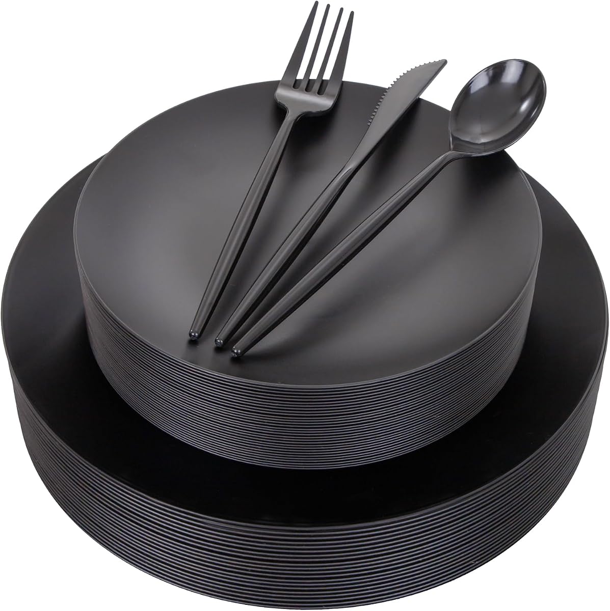 ejonirinjonir 150pcs Frosted Black Plastic Plates Plastic Plate for Wedding | Includes 30 Dinner,30 Dessert Plates and Sliverware Elegantes.Heavy Duty Black Disposable Plates Excel at Party and Banquets.