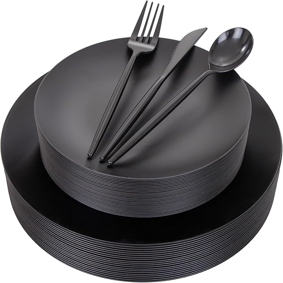 EI 150pcs Black Plastic Plates Frosted Plastic Plate,Premium Heavy Duty Black Plastic Plates,Black Disposable Plates with Plastic Silverware,10.25 Dinner Plates and 7.5 Dessert Plate Wedding Party