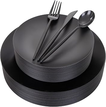 EI 150pcs Black Plastic Plates Frosted Plastic Plate,Premium Heavy Duty Black Plastic Plates,Black Disposable Plates with Plastic Silverware,10.25 Dinner Plates and 7.5 Dessert Plate Wedding Party