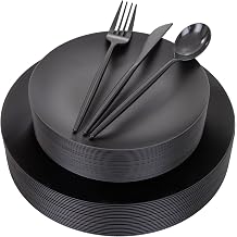 ejonirinjonir 150pcs Frosted Black Plastic Plates Plastic Plate for Wedding | Includes 30 Dinner,30 Dessert Plates and Sliverware Elegantes.Heavy Duty Black Disposable Plates Excel at Party and Banquets.