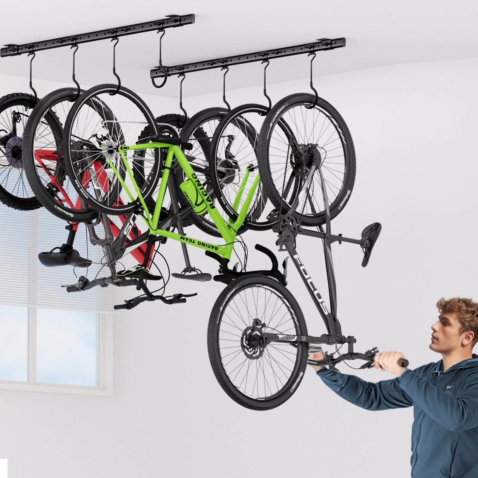Urban Deco Portabici da soffitto per garage, sistema di ganci per biciclette con 8 ganci regolabili da soffitto per contenere 4-8 biciclette, soluzioni di archiviazione per biciclette da garage per