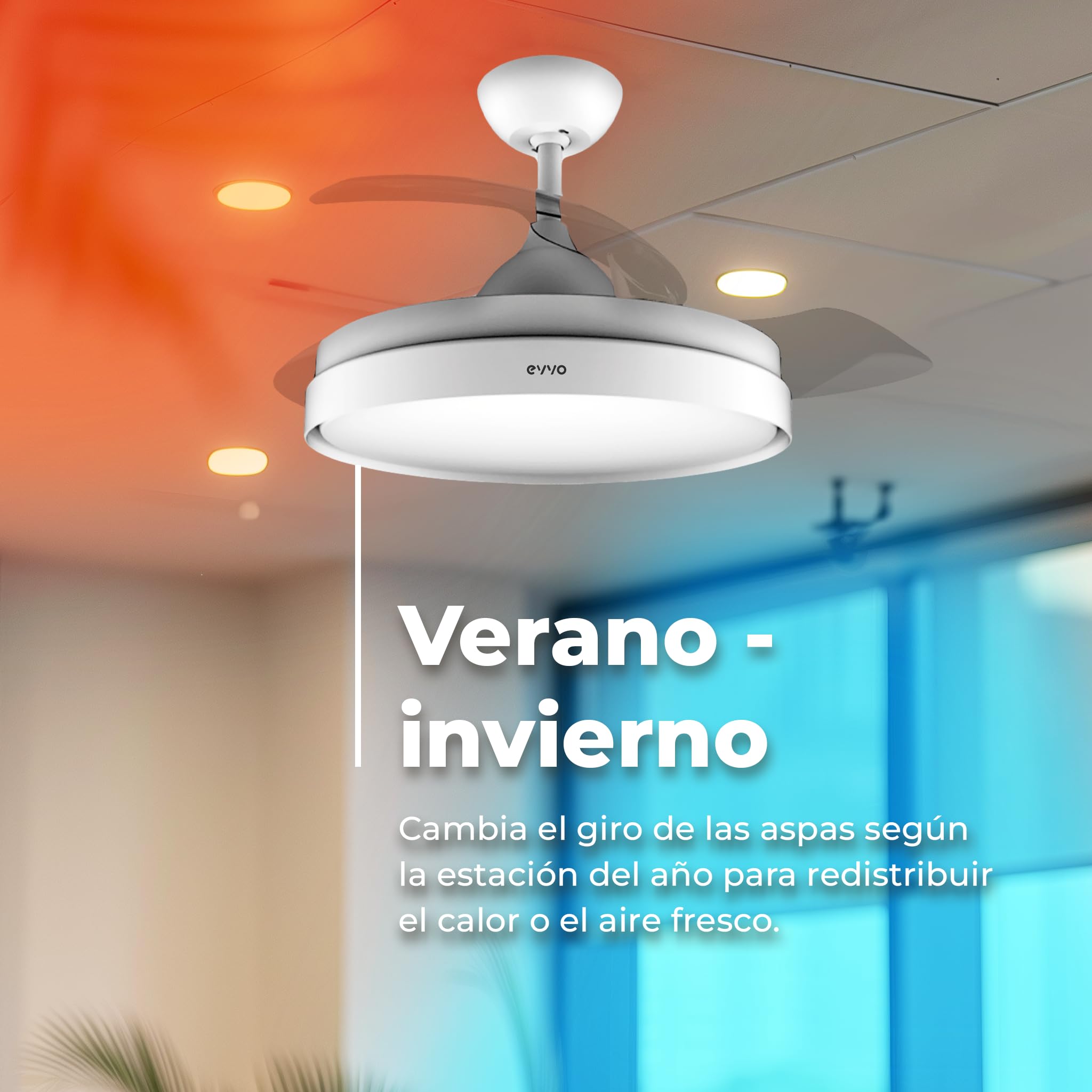 EVVO Ventilador de Techo con Aspas Rectráctiles y Luz, Ø107cm, 3 Aspas, Motor DC 40W, 6 Velocidades, Temporizador hasta 4h, Función Invierno-Verano (Modelo: V450 Invisible White)