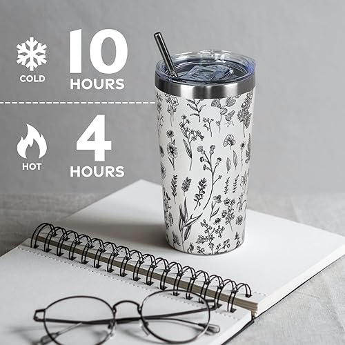 Miniatura 5 de Wesncdch Vaso de café de viaje de acero inoxidable de 10 onzas  Vaso de café aislado al vacío a prueba de derrames con tapa de popote  Flores