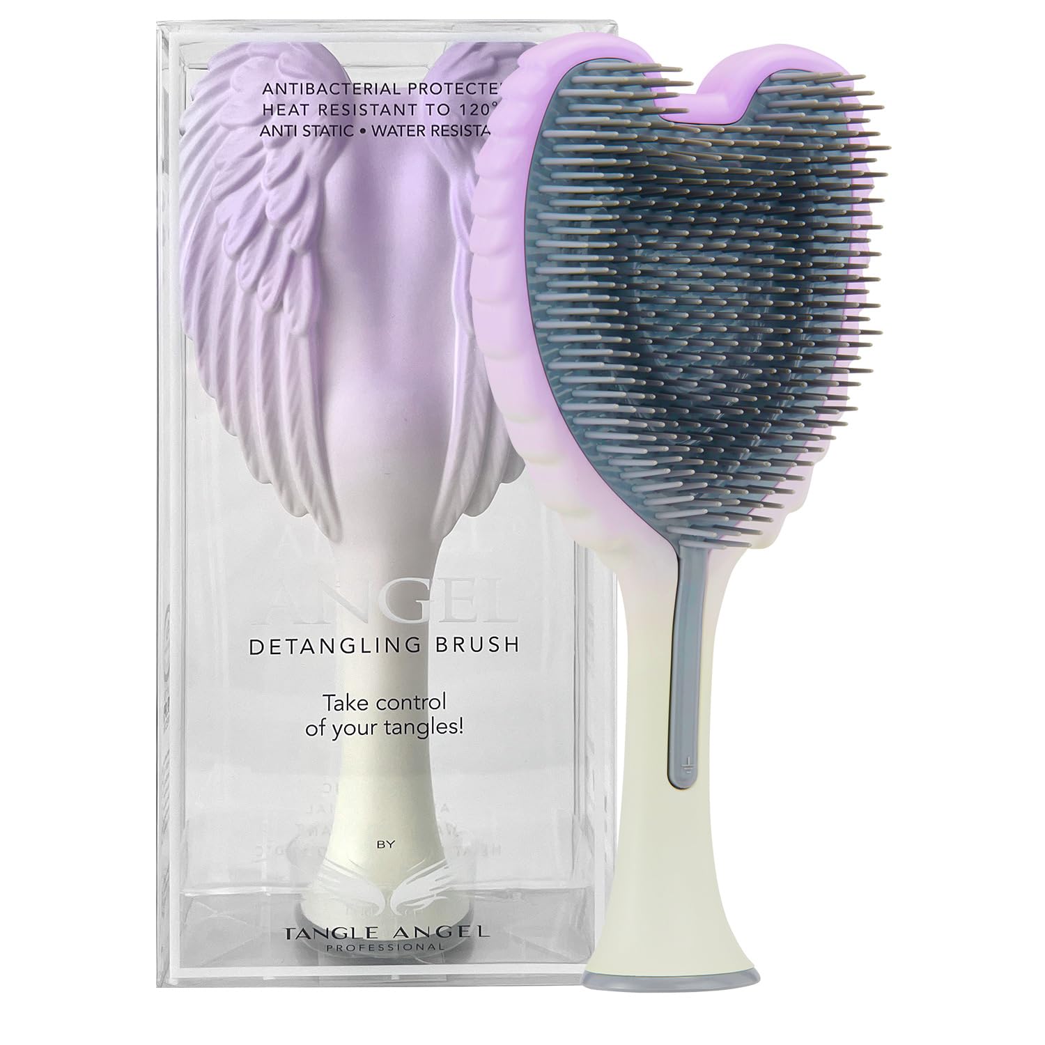 Tangle Angel Hair Extension Brush - Anti Static Soft Bristle Paddle Brush for Straight or Wavy Hair - Wings Shower & Blow Drying Detangler Hairbrushes for Women - Two Tone Lilac Ivory