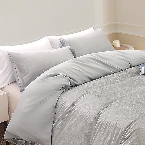 Miniatura 7 de JSD Juego de funda de edredón reversible de microfibra de terciopelo gris, tamaño Queen, juego de ropa de cama suave de 3 piezas