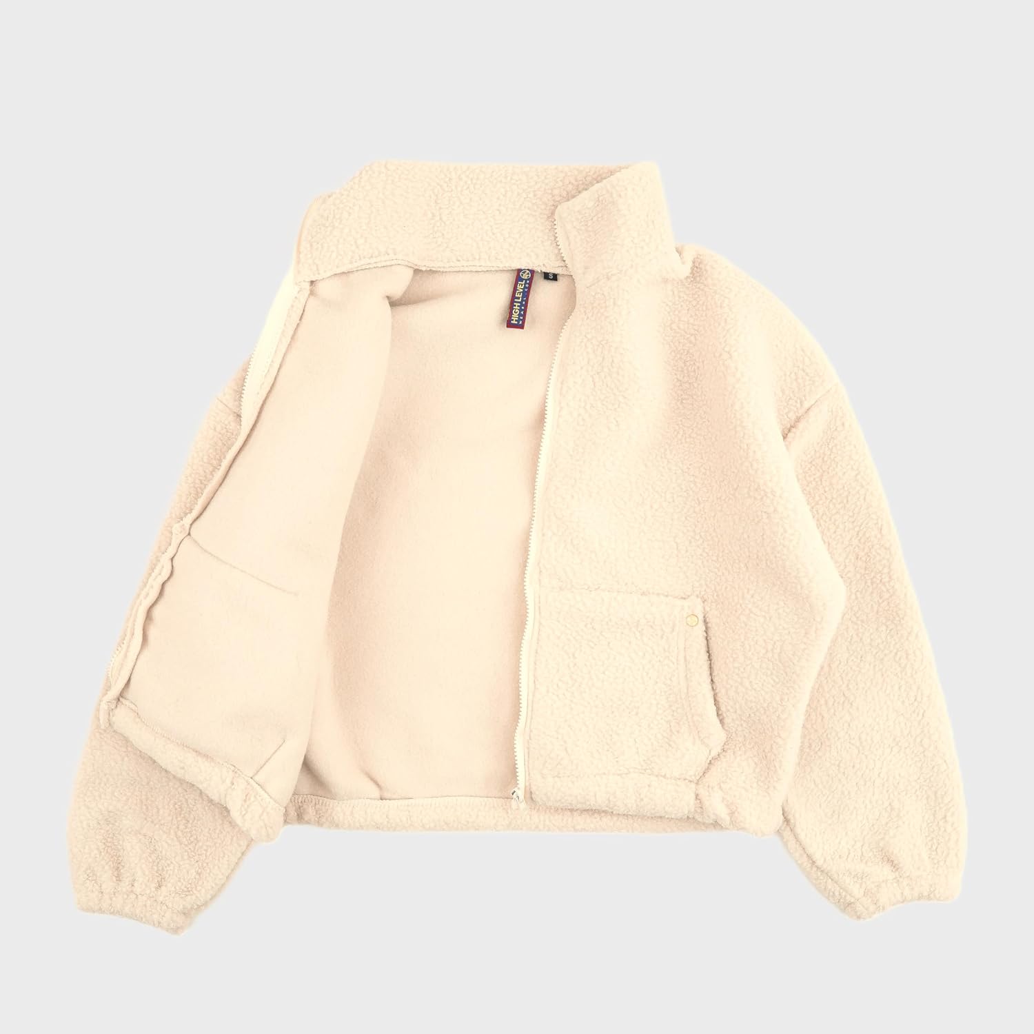 High Level HL Sherpa Fleece Crop Zip up Jacket Warm Soft Fluffy Cozy - Cream, Slate Blue, Navy or Gray
