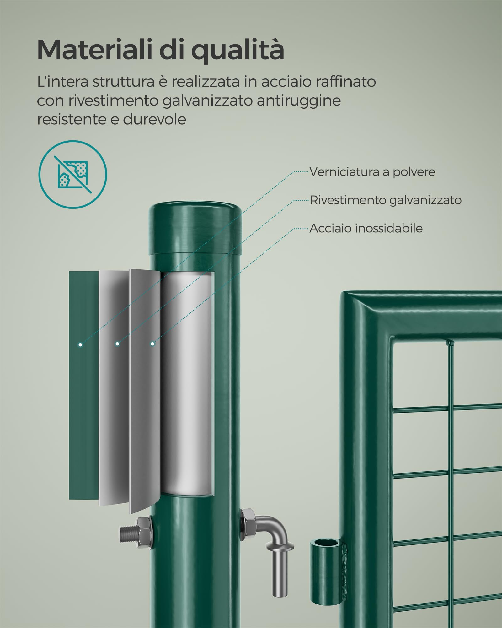SONGMICS Cancello da Giardino, Cancelletto da Giardino, Acciaio Zincato con Serratura, Porta di 106 x 150 cm (L x H), Tubo Tondo, Cancello per Recinzione, Verde GGD200G