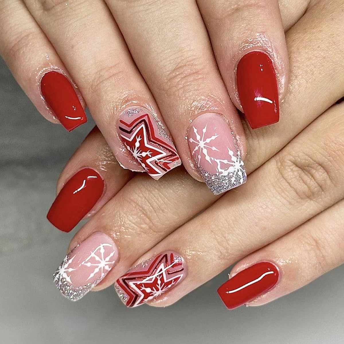 Christmas Press on Nails Red Short Square - ZWENJIE Winter Silver Glitter French Fake Nails Full Cover Artificial Acrylic False Nail Stripe Color Star