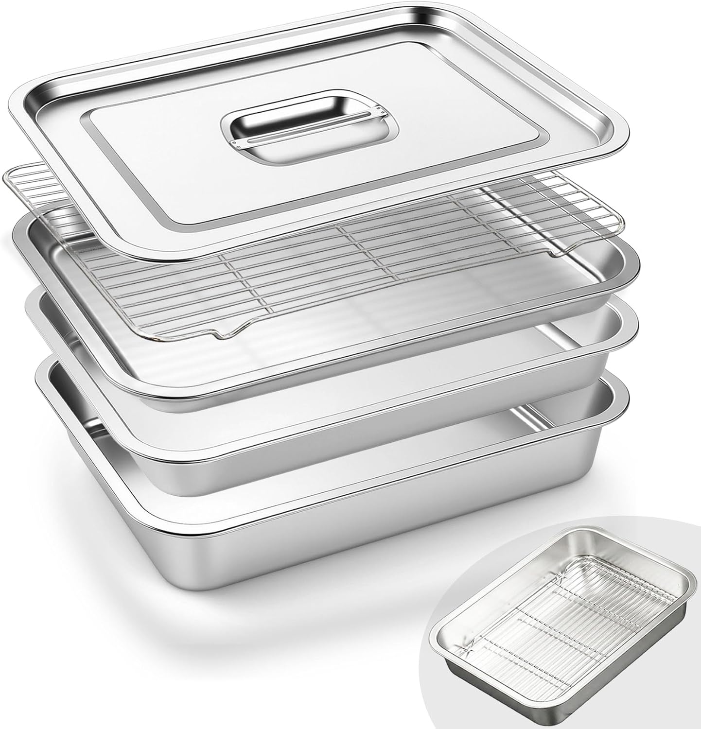 5-in-1 Grill Prep & Serve Tray Set with Lid - Large Capacity Grill Carry System, Stainless Steel Marinade Container & Warming Rack - Grilling Accessories, Gifts for Men