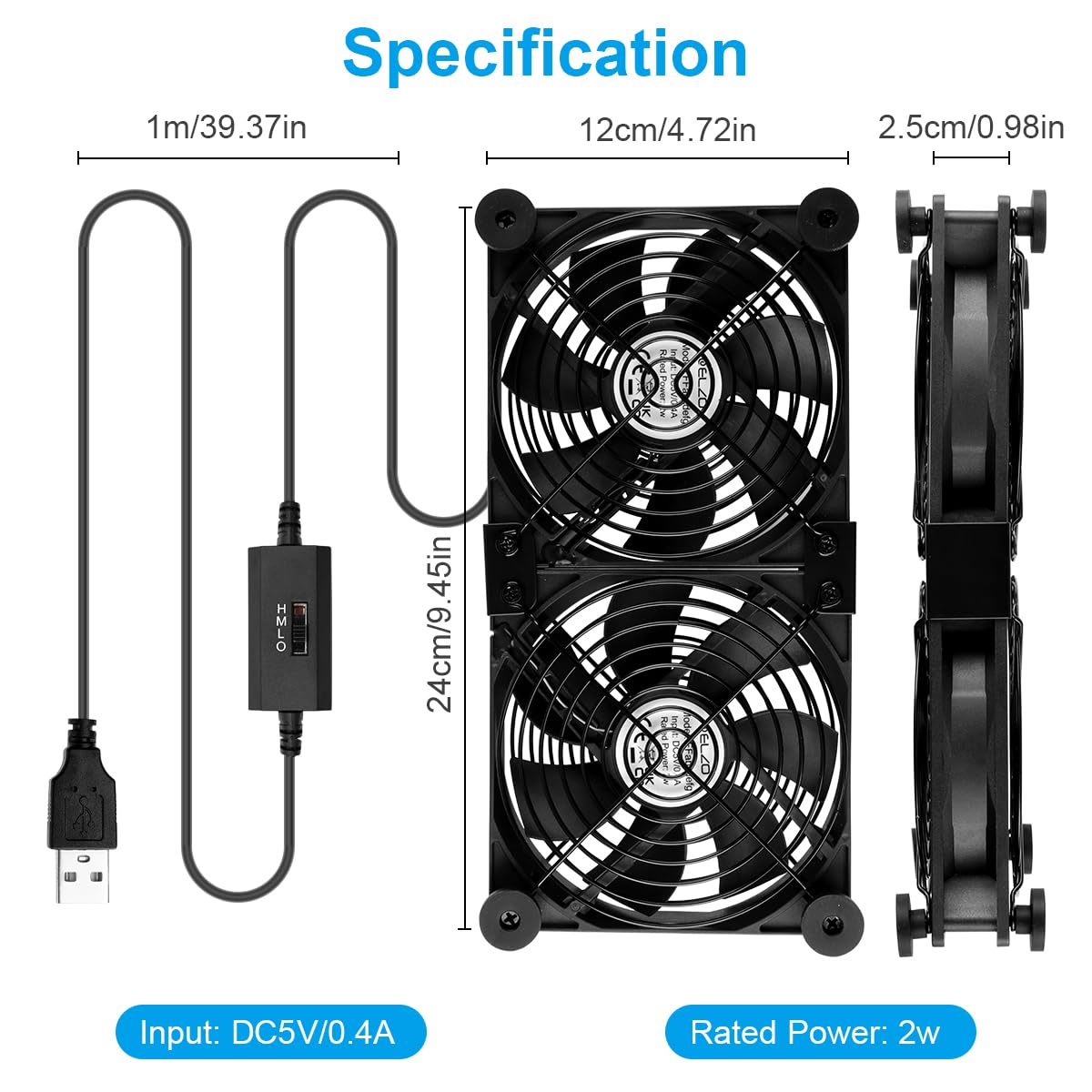 ELZO Ventilateur PC USB 120 mm double rangée 2 en 1, ventilateur d'ordinateur portable avec 3 vitesses réglables, ventilateur de refroidissement électronique avec 8 absorbeurs de chocs