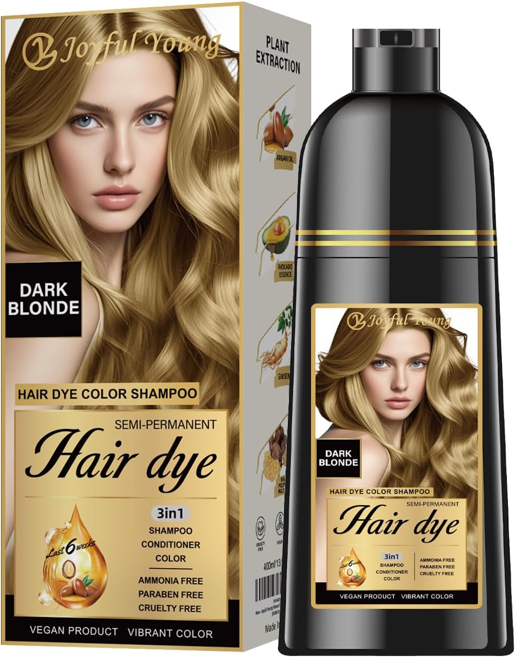 Joyful Young Hair Dye Shampoo 3-in-1, Dark Blonde Semi-Permanent Gray Hair Coverage, Color Depositing Shampoo for Women & Men, Vegan, Ammonia-Free