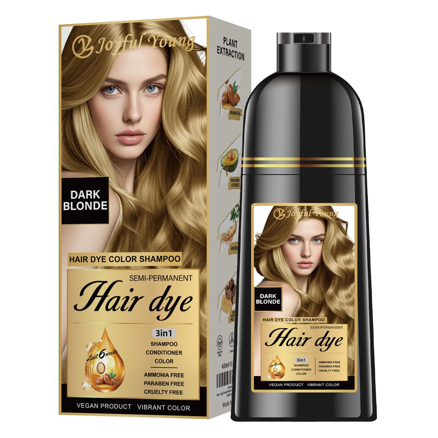 Joyful Young Hair Dye Shampoo 3-in-1, Dark Blonde Semi-Permanent Gray Hair Coverage, Color Depositing Shampoo for Women & Men, Vegan, Ammonia-Free