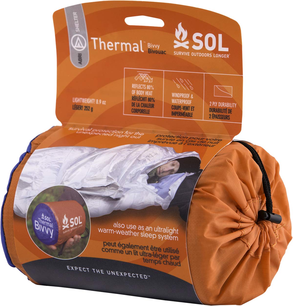 SOL® Thermal Bivvy pomarańczowy trwały wodoodporny wiatroszczelny odbija 80% ciepła ciała pierwsza pomoc koc wielokrotnego użytku piesze polowanie wędrówki z plecakiem spacery na zewnątrz awaryjne