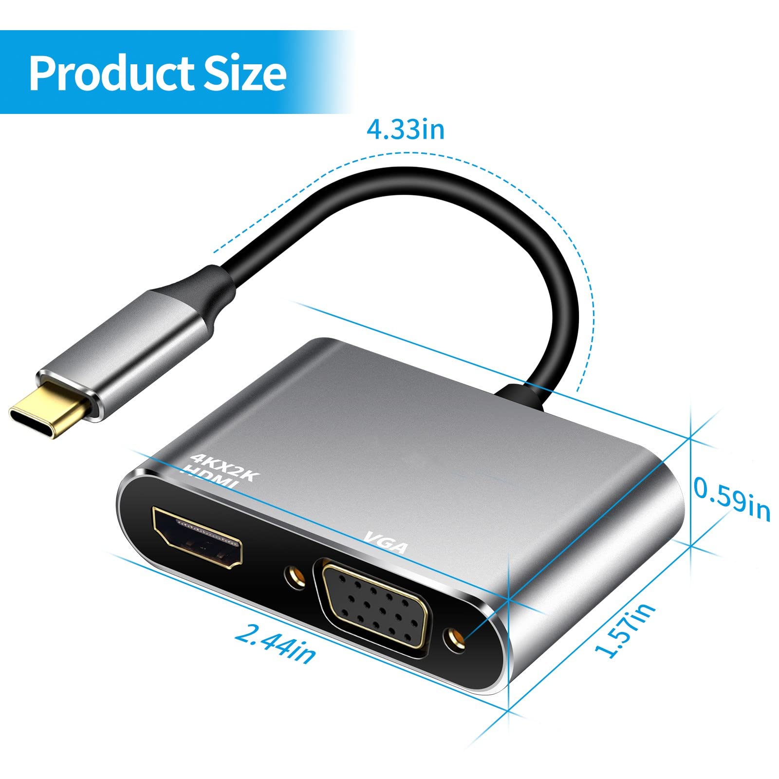 Adaptateur USB C vers HDMI VGA, 4K HDMI/1080P VGA USB-C 2 en 1 Hub Thunderbolt 3 Convertisseur pour MacBook/Pro/Air, Chromebook Pixel, Dell XPS 13/15, Galaxy S22/S21/S20, Plus