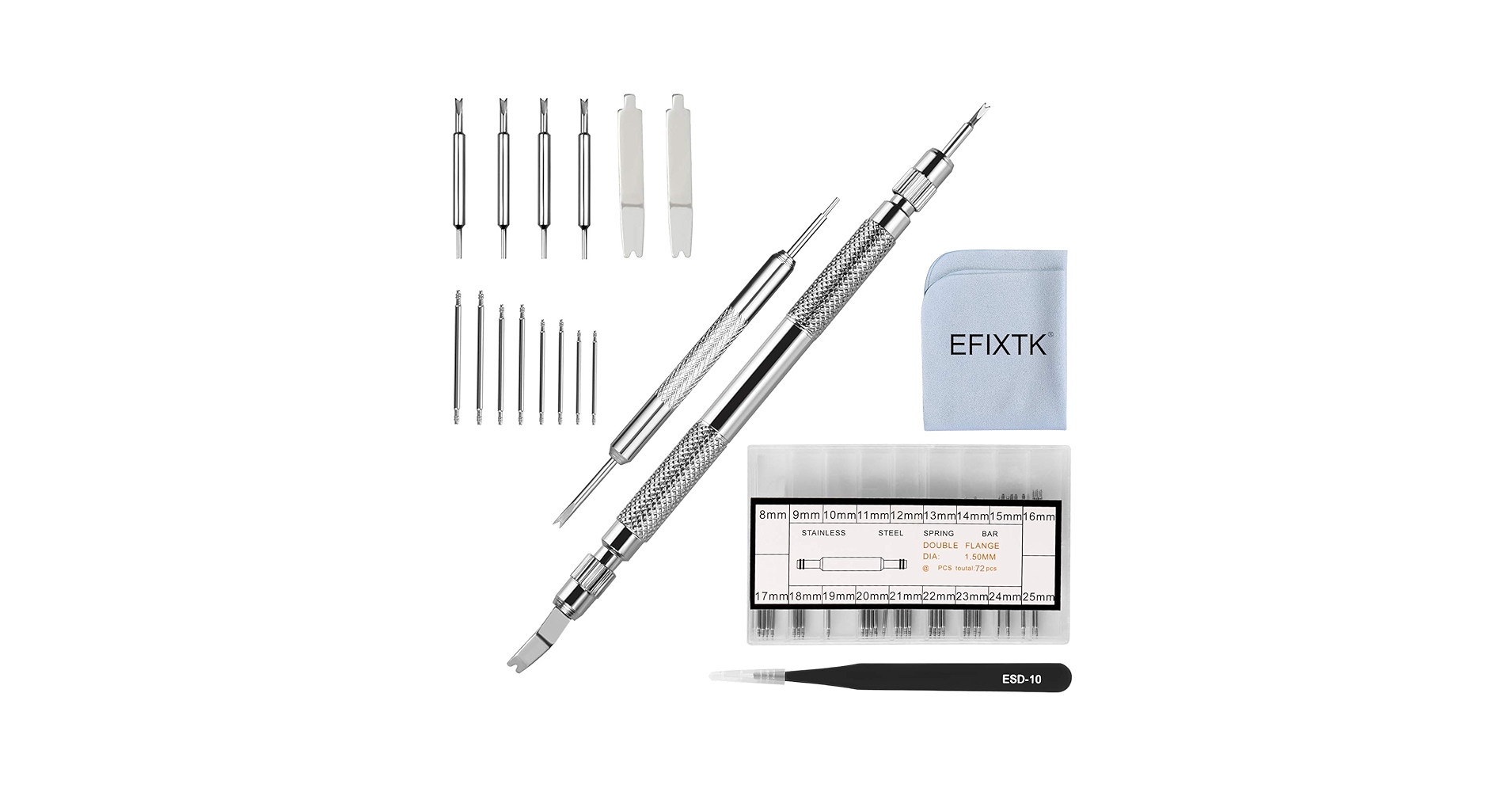 EFIXTK Spring Bar Tool Set with Extra 6 Tips Pins for Watch Wrist Bands Strap Removal Repair Fix Kit,72PCS Extra Watch Pins