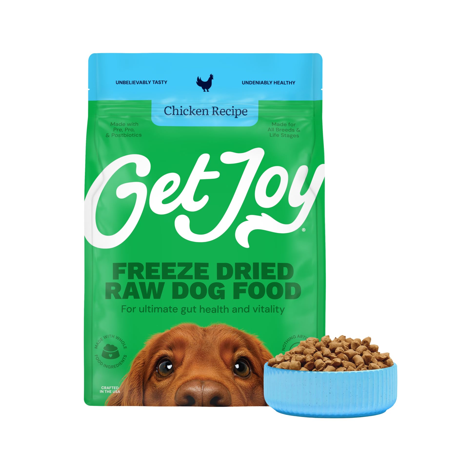 Get Joy Freeze Dried Raw Chicken Dog Food, High Protein Grain Free Meal, Topper & Treat, Gut Health Support with Probiotics, Small to Large Breed,