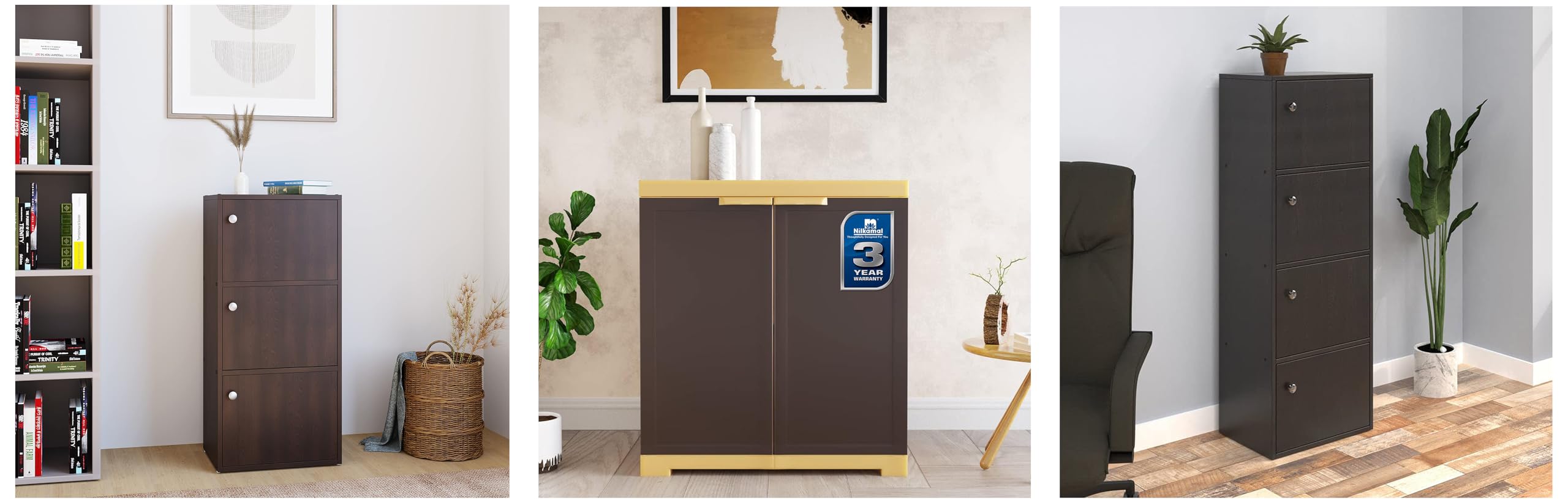Nilkamal Cary Engineered Wood 4 Shelf Book Case (4 Level Storage) (Finish: New Wenge), Freedom Mini FMS Plastic Cabinet (2 Door Cabinet) & Troy Engineered Wood Book Shelf (3 Compartment Storage)-image-19