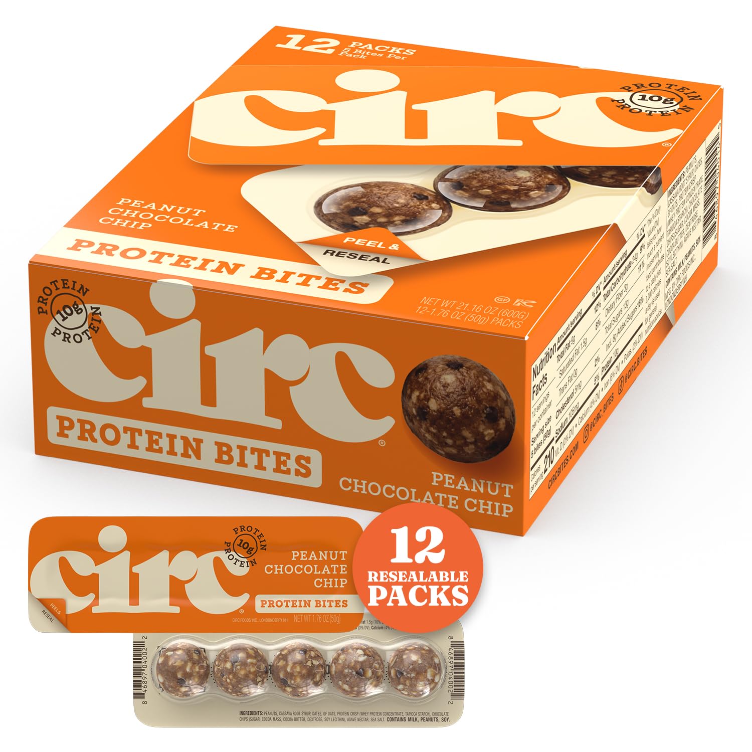 CirC Energy Bites Peanut Chocolate Chip, Gluten Free Protein Snacks,12 Pack