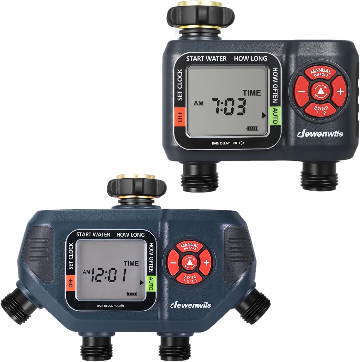 DEWENWILS Sprinkler Timer 4 Zone and 2 Zone, Water Timer for Garden Hose with Rain Delay/Manual/AUTO Irrigation Timer, Programmable Outdoor Faucet Hose Timer for Yard, Lawn