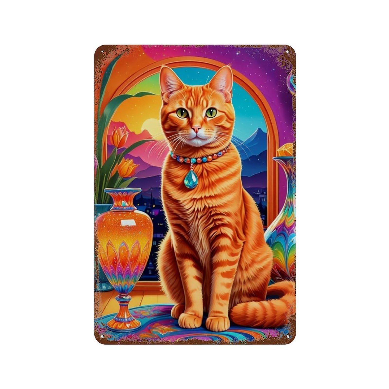 Rust Effect Colorful Fantasy Cat Scene Rusty Metal Tin Sign 11.8"x7.9", Industrial Home Decor for Living Room, Hallway And Home Decor