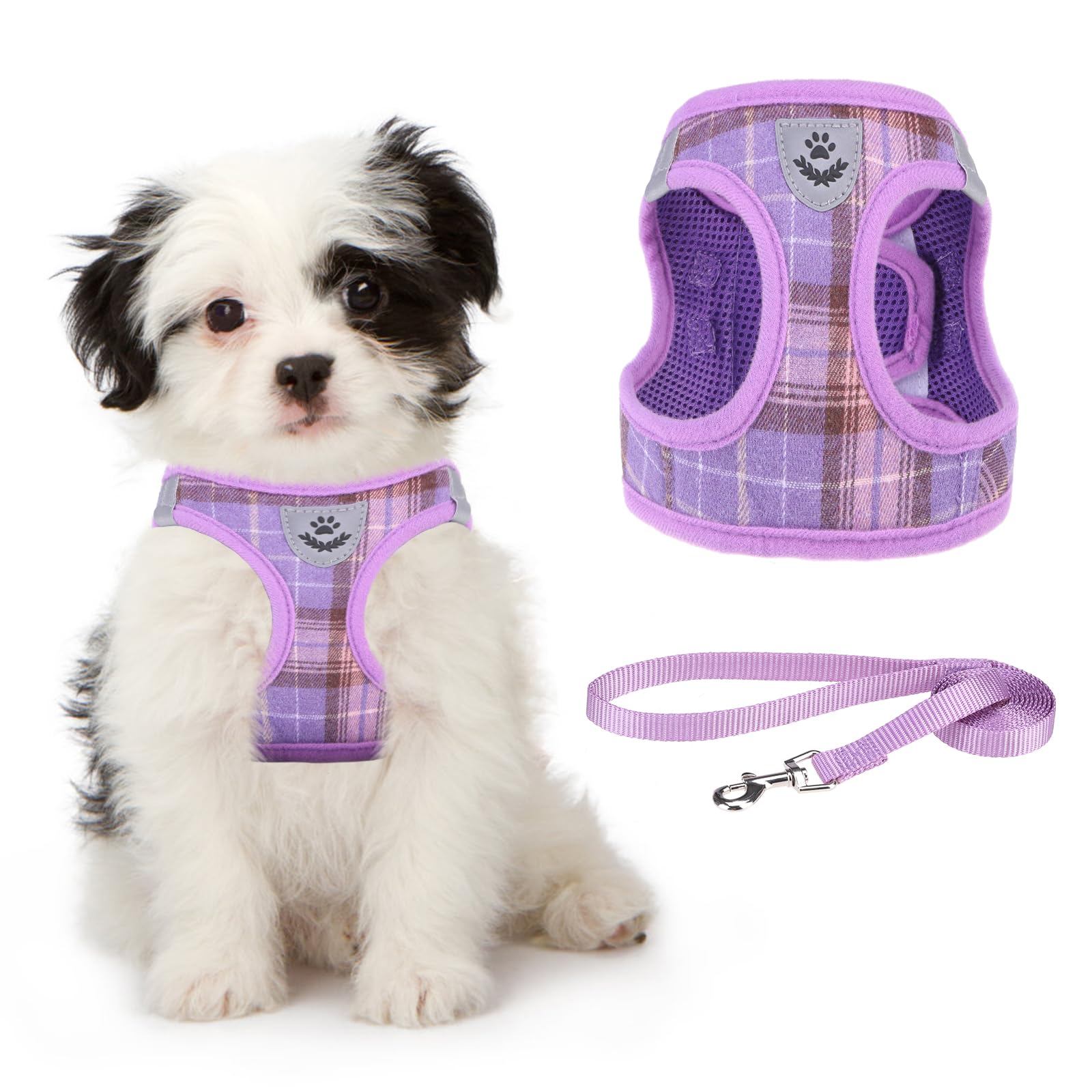 KOOLTAIL Soft Mesh Plaid Puppy Harness - Small Dog Harness and Leash Set, Adjustable & Comfortable with Reflective Design for Puppies and Small Breeds, Outdoor Walking (Purple) โ image 1