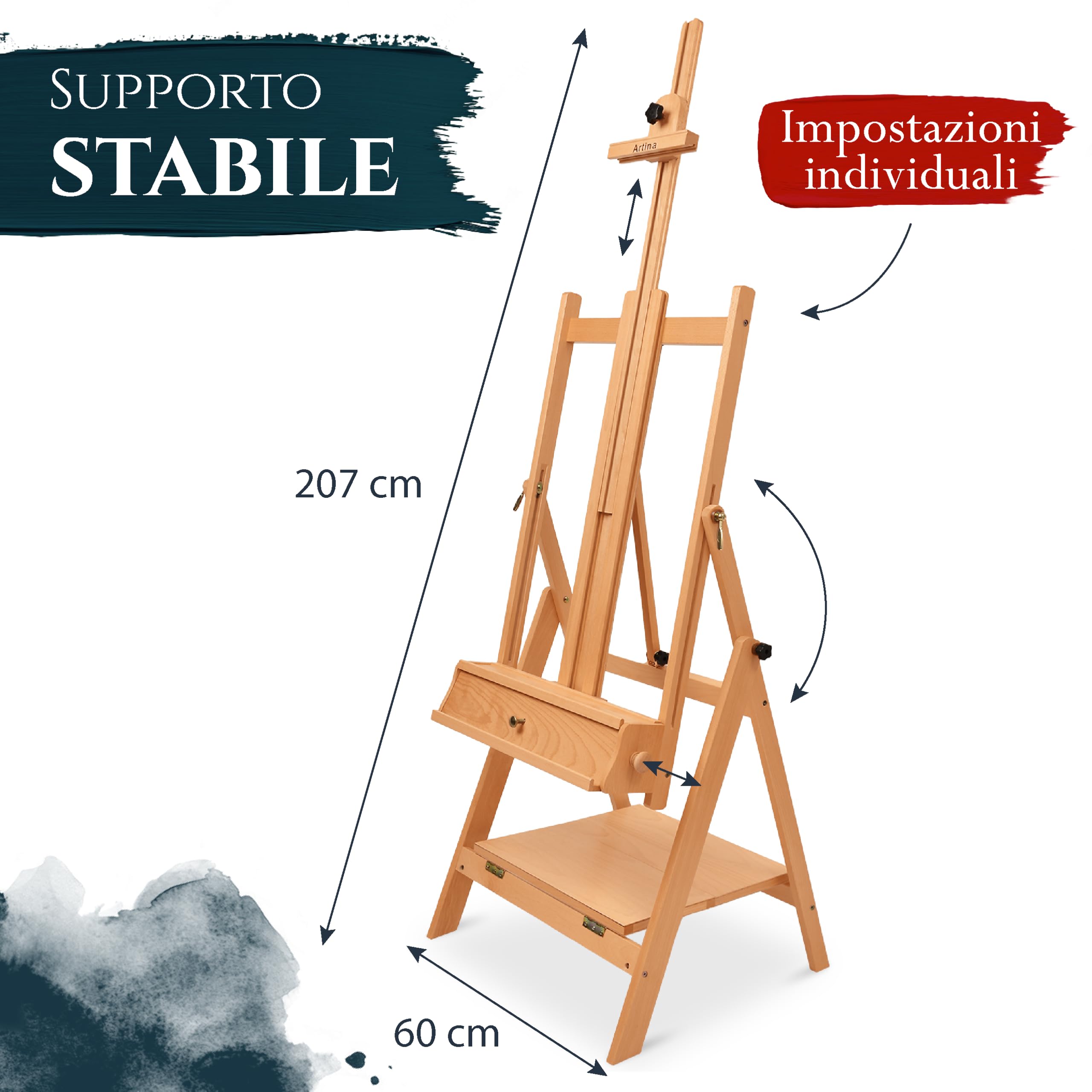 Artina Cavalletto per Pittura Professionale Napoli - cavalletto da Campagna e da Studio per dipingere o disegnare - Legno massello di faggio - Stabile e Robusto - per artisti o amatori