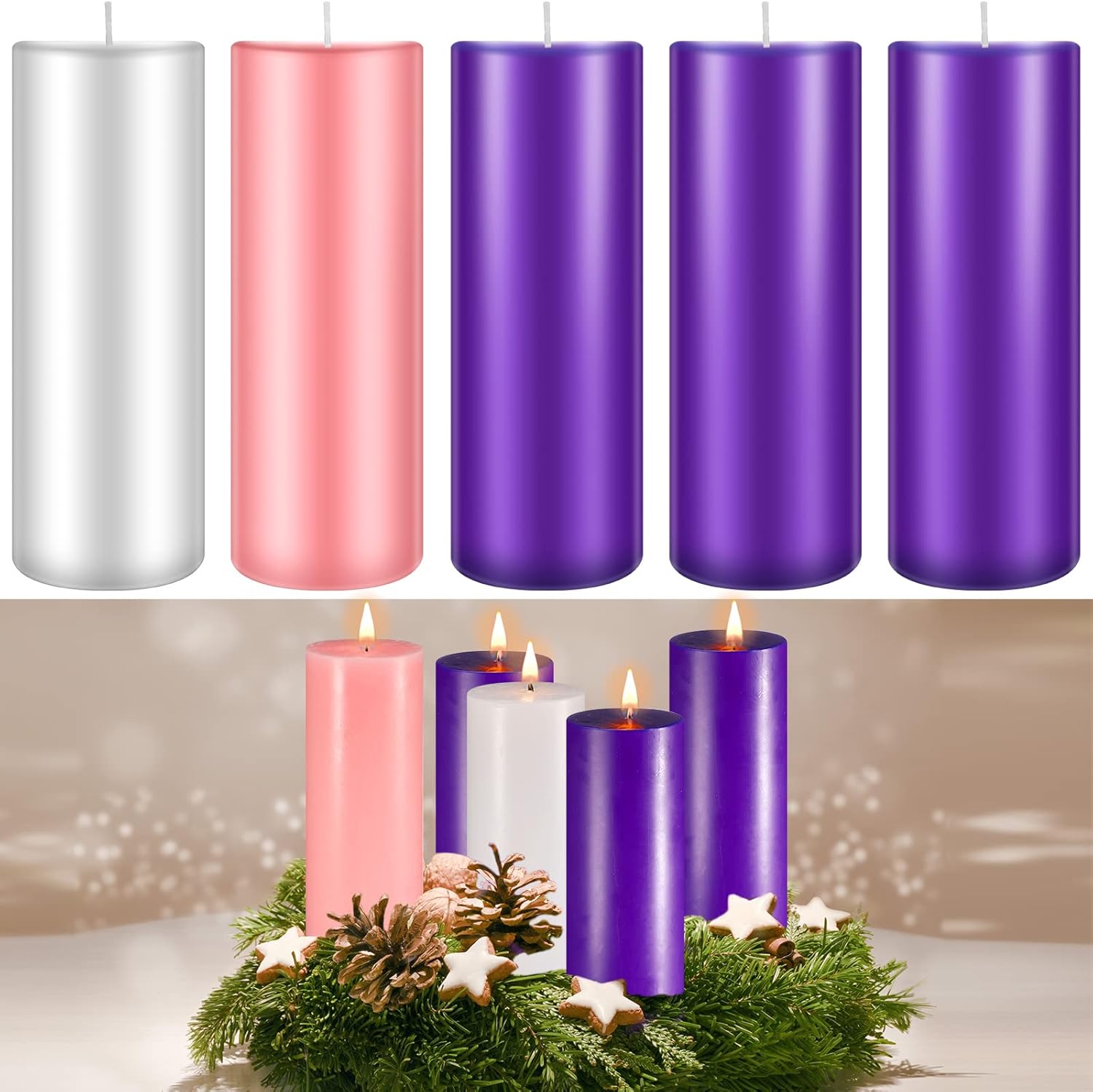 Set of 5 Candles Christmas Advent Pillar Candles Dripless