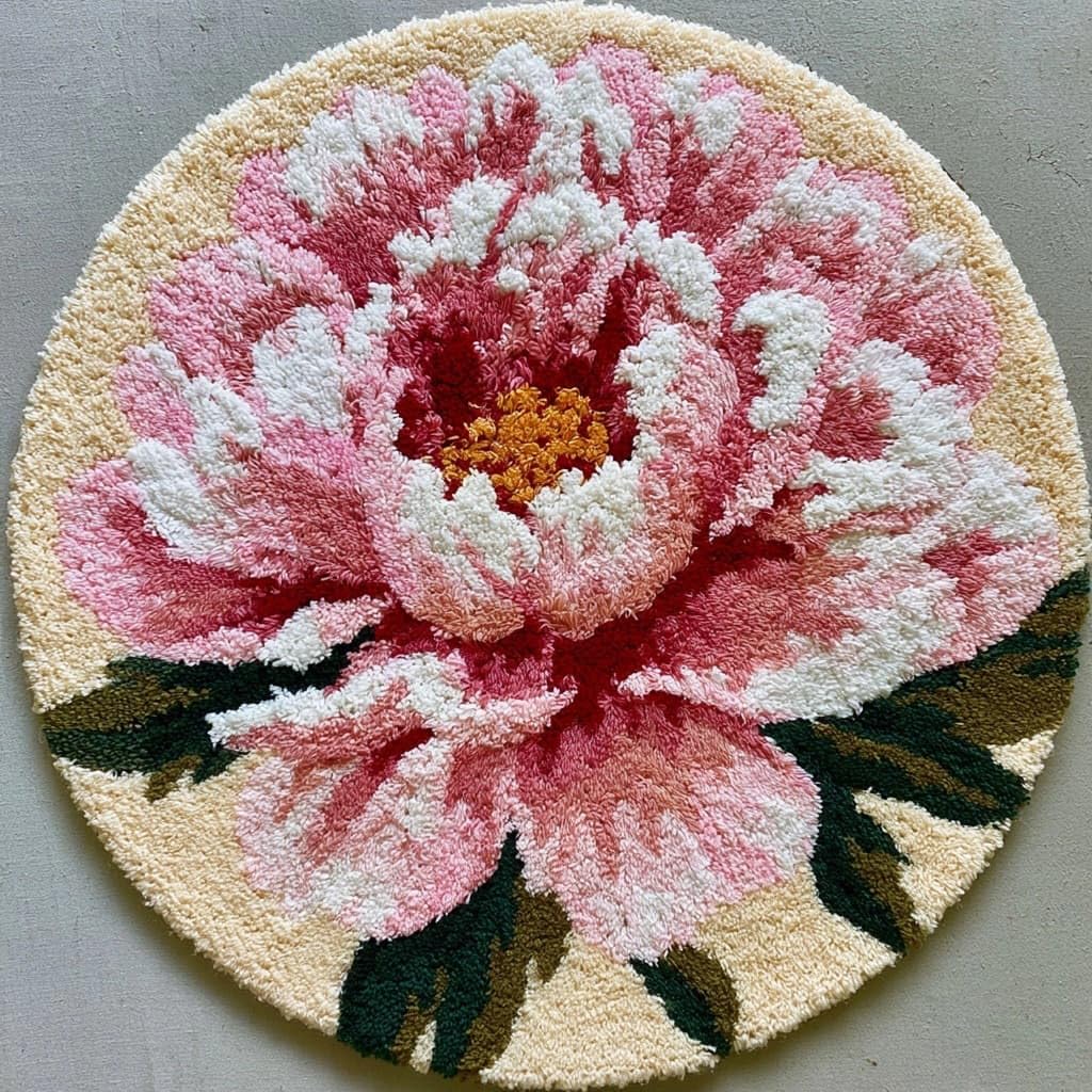 AMBATTERY Round Shape Latch Hook Kits Rug,Peony Flowers