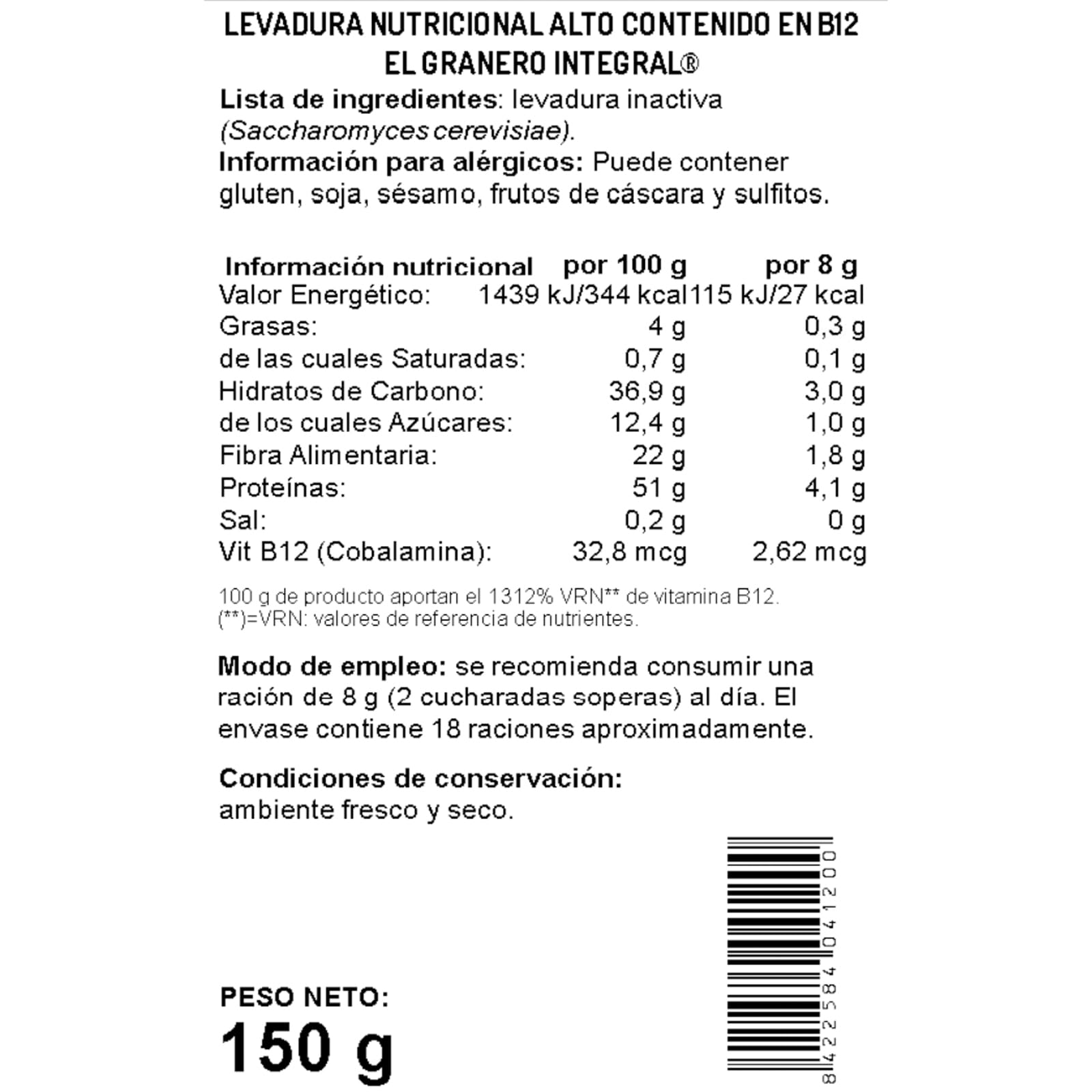 El Granero Integral Levadura Nutricional 150 g Alto en Vitamina B12 Fuente de Proteínas Vegano