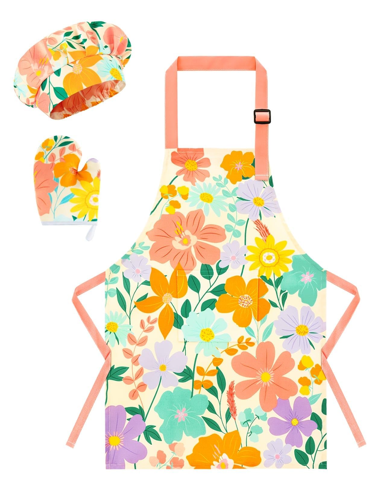 WERNNSAI Kids Apron Set - Cooking Apron for Kids with Chef Hat and Mittens, flowers, XS โ image 1