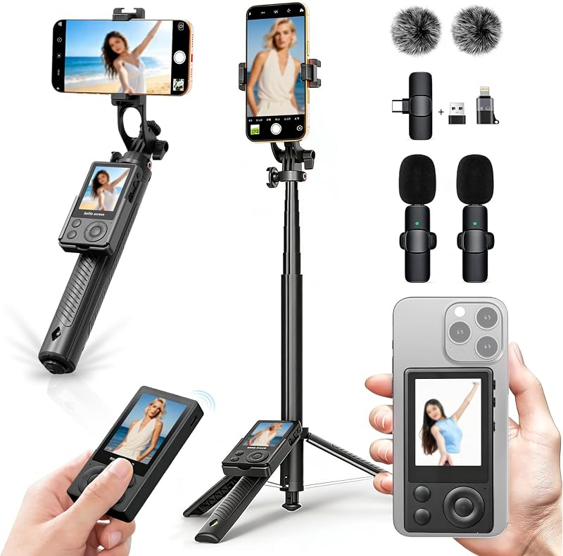 Wireless Selfie Monitor Vlogging Kit with Microphone, 65in Extendable Phone Tripod Selfie Stick, Magnetic Back Camera Monitor, 164ft Stable Wireless Casting, No Lag No Overheating for iPhone & Android