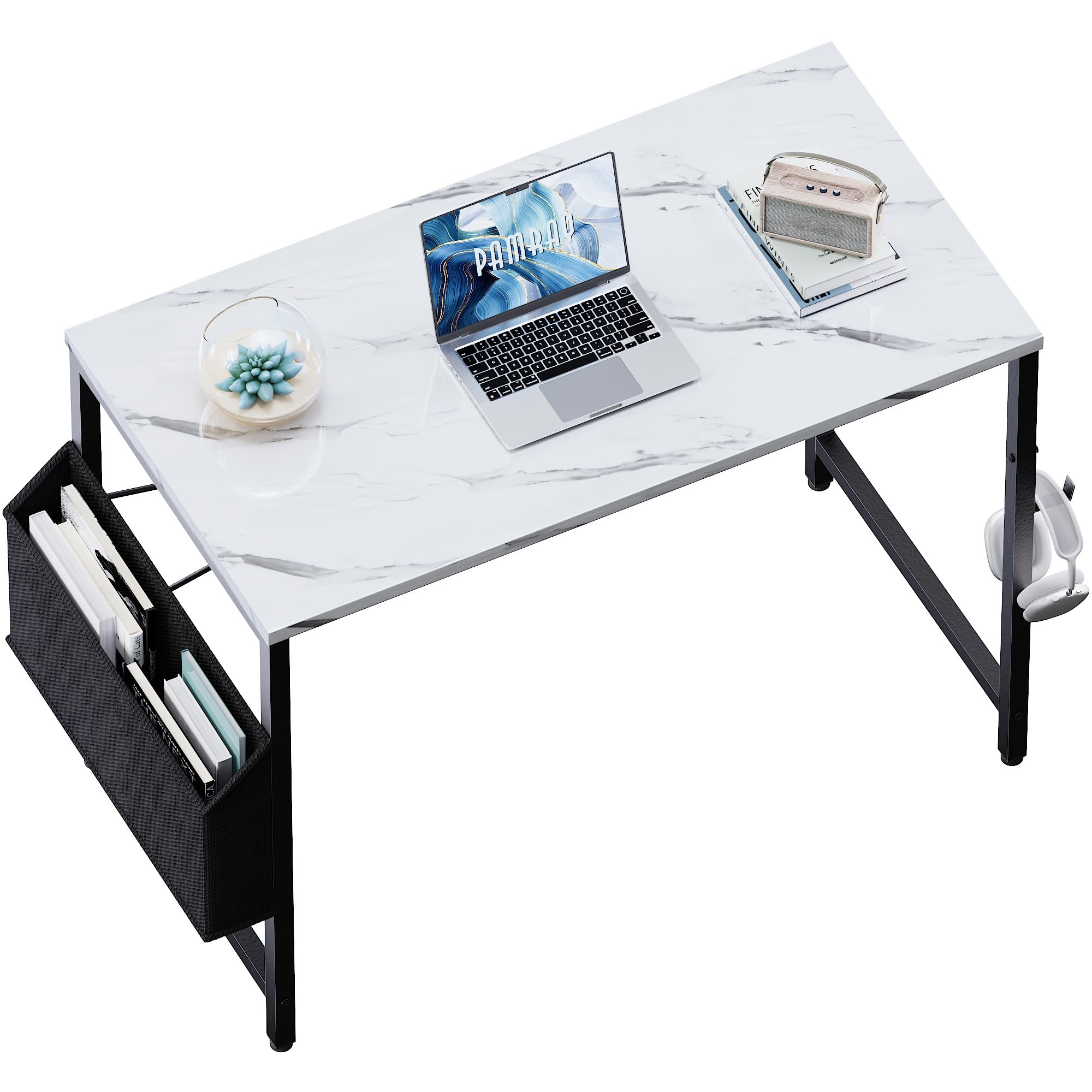 PAMRAY Scrivania Computer 80x40cm Piccola Scrivania per Casa Ufficio con Borsa e Gancio Cuffie, Tavolo Compatto per Piccoli Spazi, Facile Assemblaggio