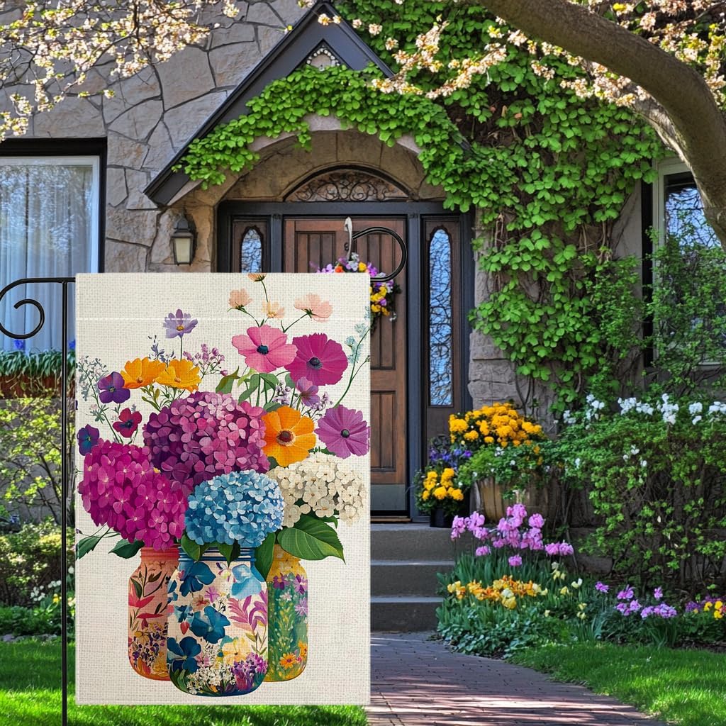 Spring Summer Colorful Floral Mason Jar Garden Flag 12x18 Inch Double Sided Hydrangea Flower Yard Outdoor Flag House Holiday Outside Decoration - Image 2
