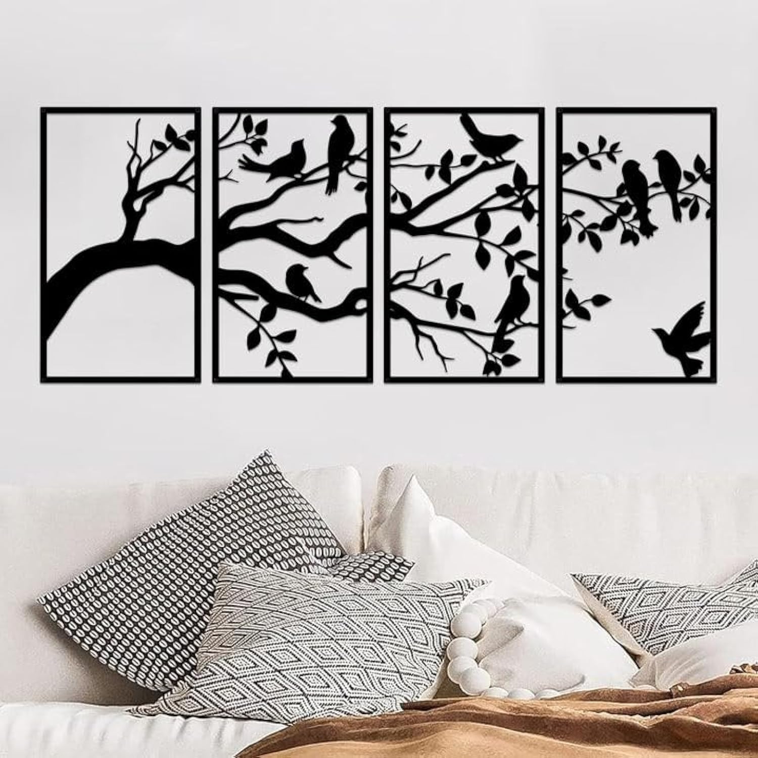 ruelen Decoración de pared, 4 piezas de arte de pared de metal grande con pájaros y ramas, arte de pared de metal con árbol de la vida, hojas negras con silueta de pájaros, escultura de pared colgante